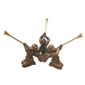 Vintage  Bronze Three Cherubs Playing Gold Trumpets Angel Sculpture Figurine